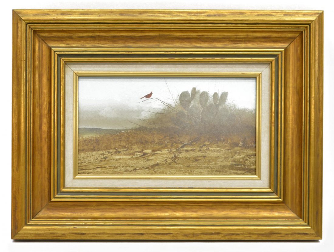 RAUL GUTIERREZ (B. 1935)CARDINAL CACTUS WATERCOLOR: Framed watercolor on board, Cardinal & Cactus, lower right Gutierrez (Raul Gutierrez, Texas b. 1935), signed again with copyright on verso and 1975 date, sight: 7.5"h, 13.25"w, overall: 17"h, 23"w, 5.