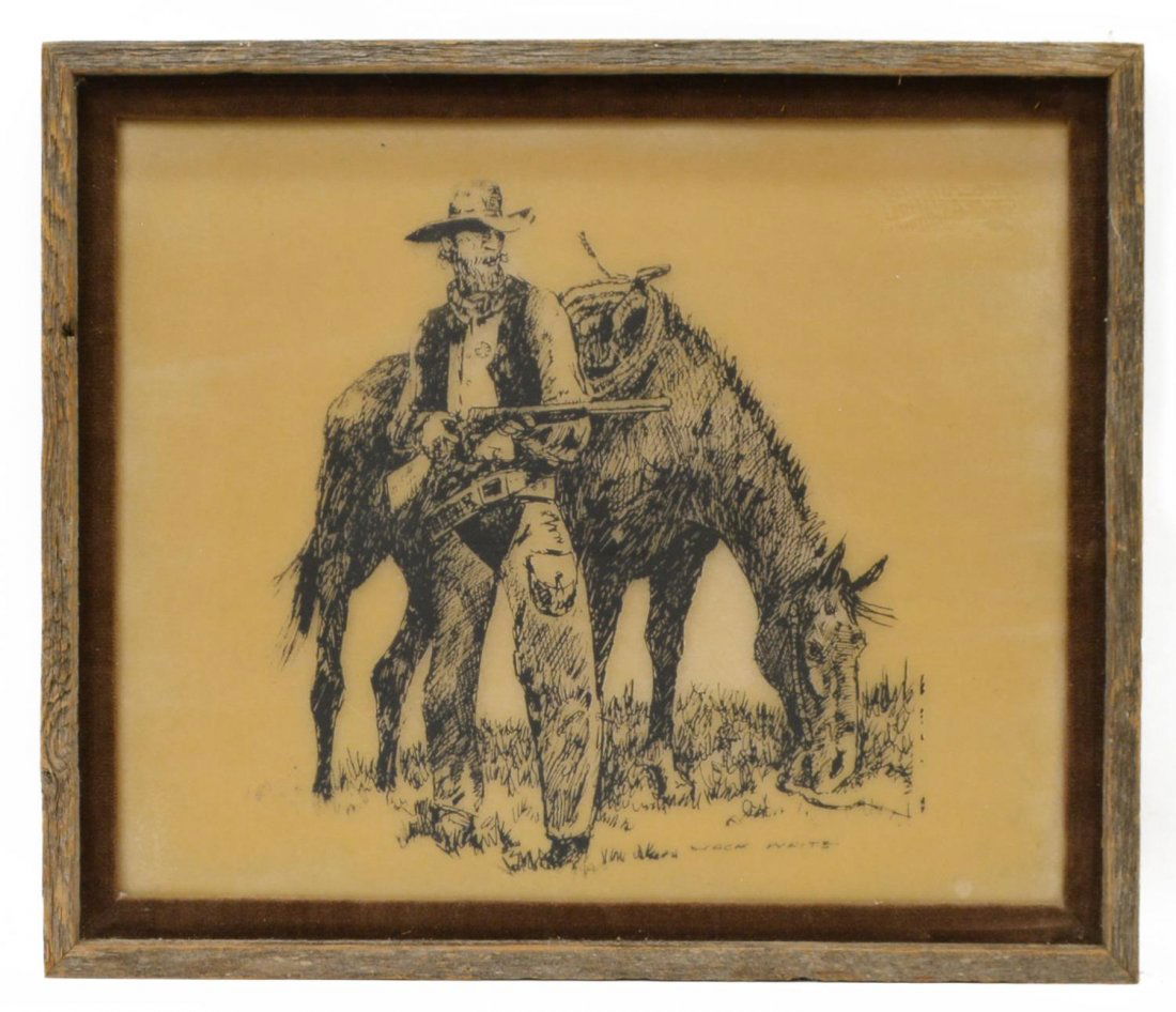 (3) JACK WHITE (TEXAS, B. 1933), COWBOYS & HORSES: (lot of 3) Framed prints of western art, Cowboys and Horses, signed at lower right, Jack White (Texas, b. 1933), two with holes to frame sidings for hanging, largest sight: 23.5"h, 17.5"w, overall: 32