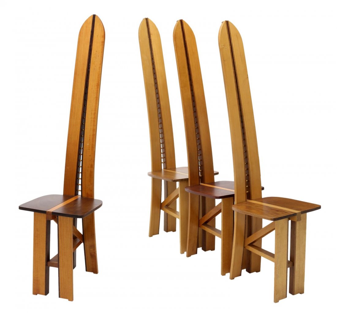 (4) ITALIAN CONTEMPORARY DESIGN SIDE CHAIRS, POZZI: (set of 4) Italian contemporary design "Ashanti" chairs, by Milan architect Alfredo Pozzi, the tall backs centered by pierced latter, over shaped seat, rising on trestle base, 54"h, 13"w, 14"d Start P