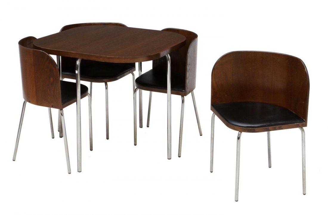 (5) ITALIAN MID-CENTURY MODERN DINETTE SET: (lot of 5) Italian mid-century modern dinette set, design influenced by Hans Bellmann (Swiss, 1911-1990), a square top table with curved corners rising on chrome steel legs, four bentwood back chairs,