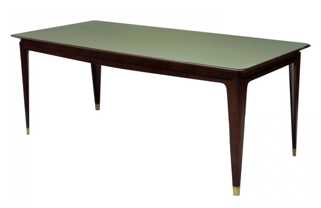 ITALIAN FONTANA MID-CENTURY MODERN DINING TABLE: Italian mid-century modern dining table, c. 1940, Fontana after a Gio Ponti (Italian, 1891-1979) design, rectangular shaped glass inset top with rounded corners, rising on tapering triangular supports