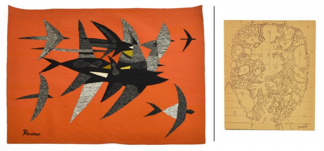 MARIO PRASSINOS FRENCH/TURKISH 1916-1985 TAPESTRY: Unframed woven wool tapestry, "Les Martinets", shades of grey and yellow composition on orange ground, woven signature lower left, titled, signed, and provenance on fabric square verso, illustrated in