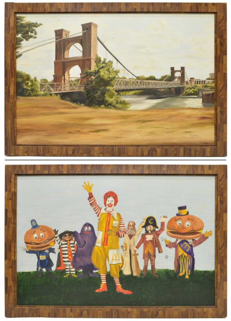R.E. MORROW, McDONALD'S PAINTINGS, 55" x 79": Framed double sided scenic and commercial art on masonite, signed at lower right, R.E. Morrow, depicting a bridge on one side, Ronald McDonald and friends verso, surface wear and staining, approx sigh