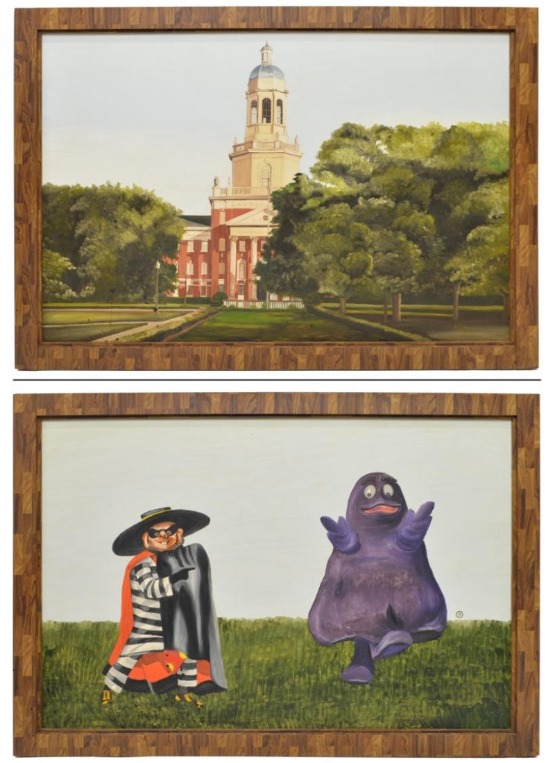 R.E. MORROW, McDONALD'S PAINTINGS, 55" x 79": Framed double sided scenic and commercial art on masonite, signed at lower right, R. E. Morrow, depicting a building one side, Grimace and Hamburglar (McDonald characters) verso, surface wear and stai