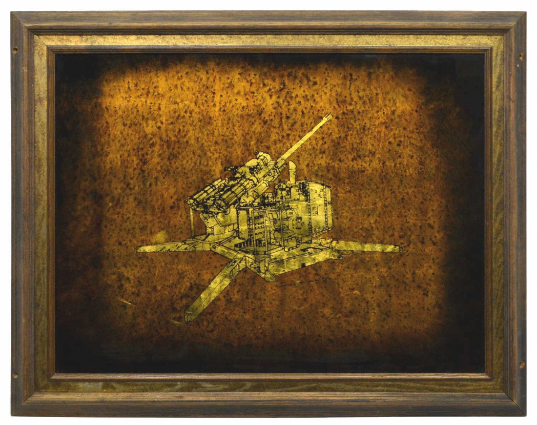 JACK WHITE (TEXAS), CANNON, 37" x 47": Framed gold leaf / gilt foil art on glass verso, Cannon, signed at lower center, Jack White (Texas, b. 1933), approx sight: 29.25"h, 39.25"w, overall: 37.5"h, 47.5"w, 24.5lbs Provenance: Ronald McDona
