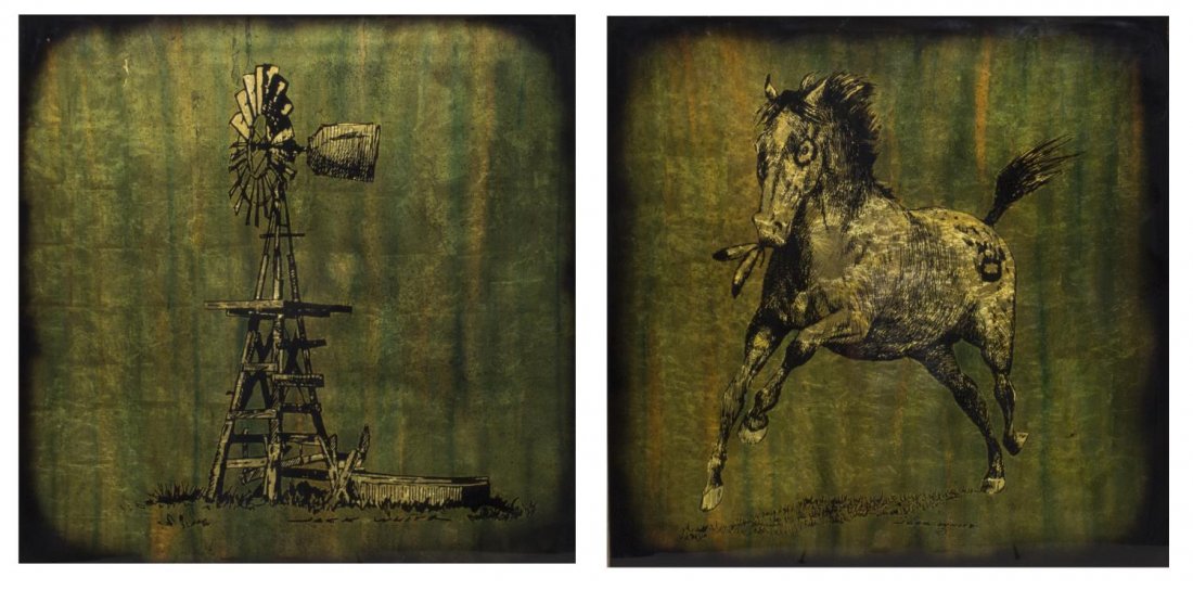 JACK WHITE (TEXAS), HORSE & WINDMILL, 68" x 58": 'H'-Framed double sided gold leaf / gilt foil art on glass verso, Horse and Windmill, signed at lower center, Jack White (Texas, b. 1933), approx sight: 47"h, 47"w, overall: 68.25"h, 58"w, 5"d Provena
