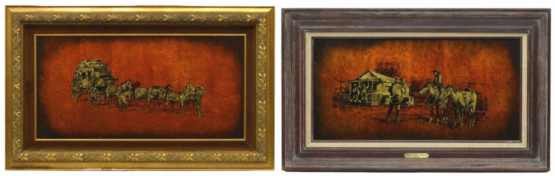 (2) JACK WHITE (TEXAS, 1933), WESTERN, 23" x 38": (lot of 2) Framed gold leaf / gilt foil art on glass verso, "Big Jim and Bearcat's Waterloo", plaque at lower center, Jack White (Texas, b. 1933), largest sight: 14.75"h, 29.5"w, overall: 23.5"h, 38.5