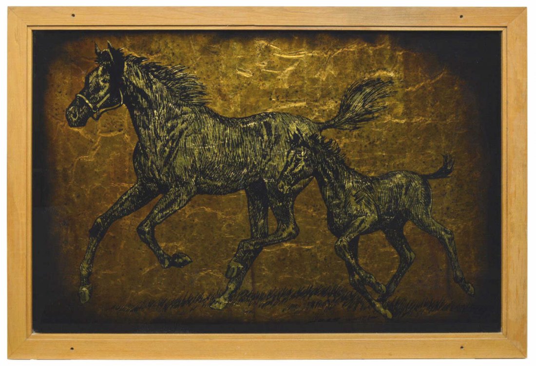 JACK WHITE, RUNNING HORSES, 53" x 78": Framed gold leaf / gilt foil art on glass verso, Running Horses, signed at lower right, Jack White (Texas, b. 1933), approx sight: 46"h 71.5"w, overall: 53.25"h, 78.25"w Provenance: Ronald McDonald Ch