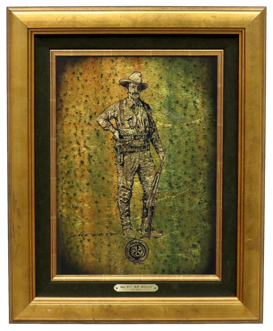 (4) JACK WHITE (TEXAS, B. 1933), TEXAS RANGERS: (lot of 4) Framed gold leaf / gilt foil art on glass verso, Texas Rangers, signed lower left, Jack White (Texas, b. 1933), lower centered emblem, State of Texas, Texas Ranger Commission (1823 - 1973);