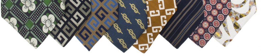 (8)VINTAGE GIVENCHY & GUCCI SILK & OTHER NECK TIES: (lot of 8) Vintage designer ties, assorted styles and patterns, (3) Gucci, all in silk, (5) Givenchy, wide design, varied materials, .75lb total *Provenance: from a private Austin, Texas estate* Start