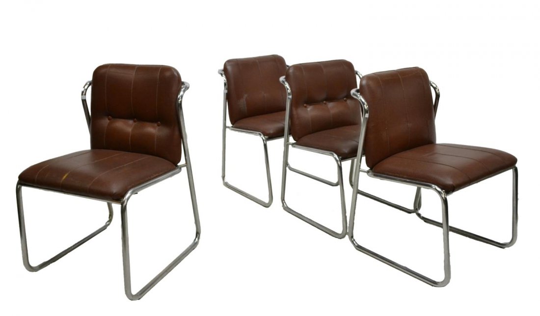 (4) ITALIAN MODERN TUBULAR CHROME FRAME CHAIRS: (lot of 4) Italian modern chairs, c. 1970, the tubular chrome steel frame with brown vinyl back and seat, 31"h, 21"w, 19.5"d Start Price: $200.00