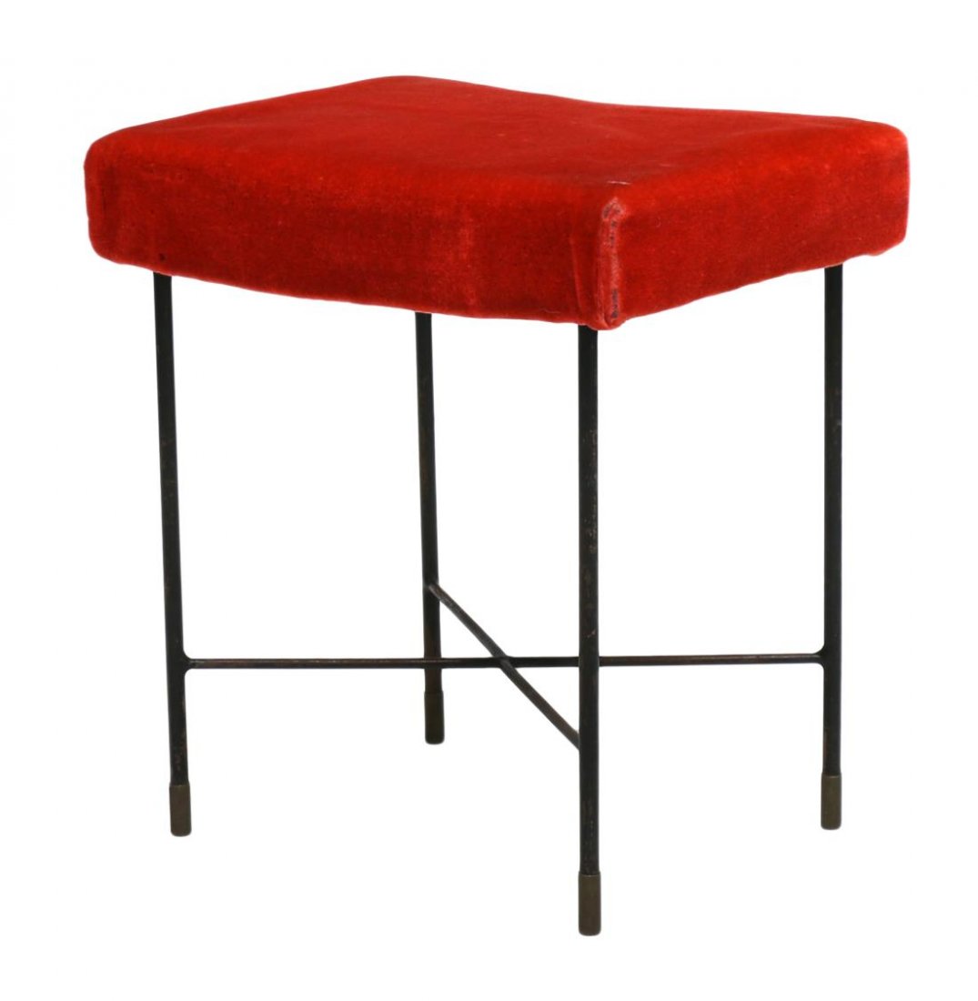 DIMINUTIVE ITALIAN BENCH, MANNER OF ICO PARISI: Diminutive Italian stool, c. 1950, design in the manner of Ico Parisi (Italian, 1916-1996), the rectangular seat upholstered in red fabric, rising on stretcher joined metal legs, 17.75"h, 16.25"w, 12.