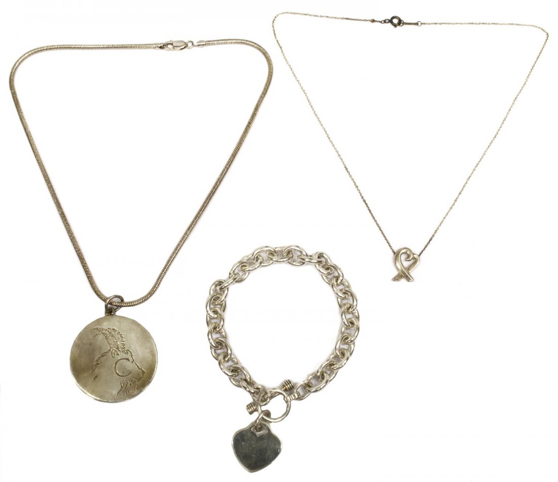 (3) TIFFANY & COMPANY & OTHER STERLING JEWELRY LOT: (lot of 3) Sterling silver jewelry group: (1) sterling neck chain hung with a Tiffany & Company sterling zodiac Cancer pendant, necklace: 15.25"l; (1) Paloma Picasso, Tiffany & Company sterling Loving