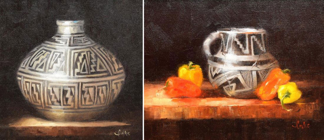 (2) DENISE IMKE (NM B. 1976) PAINTINGS OF POTTERY: (lot of 2) Framed oil on canvas paintings, both signed lower right Imke (Denise Imke, New Mexico, 1976), titled verso "Chaco Canyon Spice" and "Black on White Olla", both dated 2014, largest: 16.75"h,