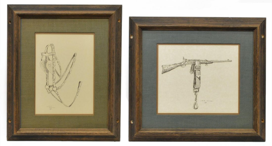 (2) JACK WHITE (TEXAS, B. 1933), BRIDLE & RIFLE: (lot of 2) Framed prints of drawings, Bridle and Rifle, signed lower center and left, Jack White (Texas, b. 1933), holes to frame sidings for hanging, largest approx sight: 11.75"h, 13.75"w, overall: