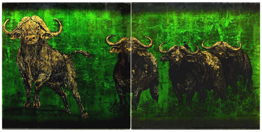 (2) JACK WHITE (TEXAS) AFRICAN BUFFALO, 48" x 48": (lot of 2) Unframed gold leaf / gilt foil art on glass verso, African Buffalo, signed at lower left, Jack White (Texas, b. 1933), each approx 48"h, 48"w Provenance: Ronald McDonald Charities of Centra