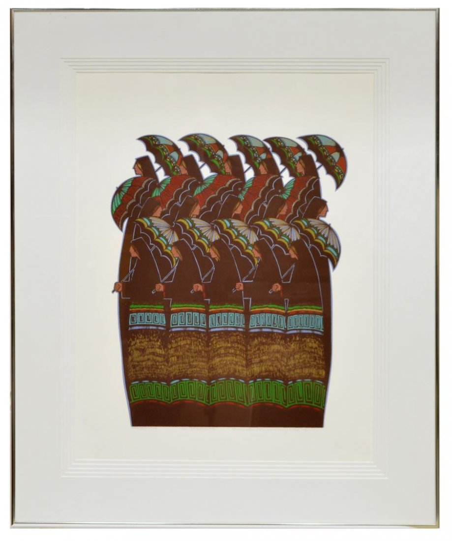AMADO PENA (TEXAS, B. 1943) LOS PARAGUAS #29 OF 30: Framed limited edition print, "Los Paraguas", pencil signed, dated 1979, titled, numbered 29 of 30 below, Amado Pena (Texas, b. 1943), sight: 25"h, 19.5"w, overall: 34.25"h, 28.25"w, 14lbs Start Price