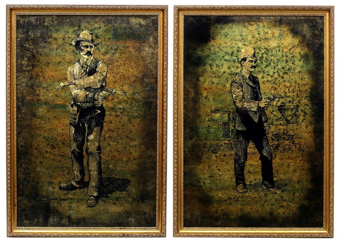 (2) JACK WHITE, GENTLEMEN SHOOTERS 35" x 23": (lot of 2) Framed gold leaf / gilt foil art on glass verso, Gentlemen Shooters, signed lower left, Jack White (Texas, b. 1933), each approx sight: 35.25"h, 23.25"w, overall: 39"h, 27"w, 28.25lbs total