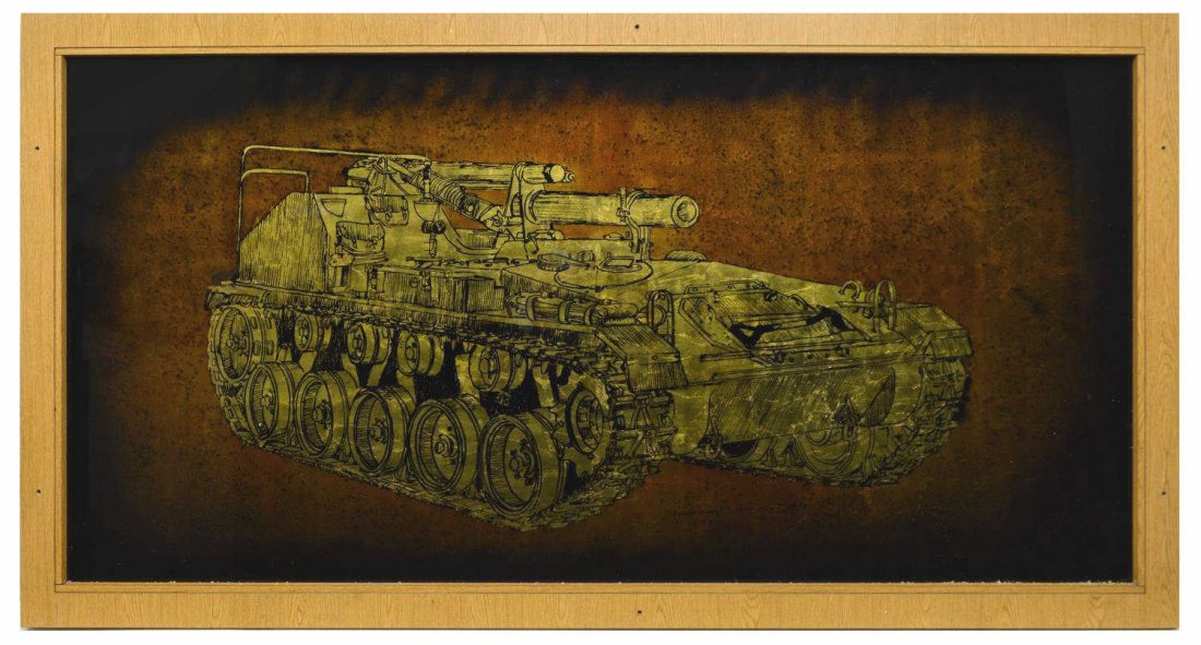 JACK WHITE (TEXAS), ARMORED TANK, 54" x 102": Framed gold leaf / gilt foil art on glass verso, The Golden Tank, signed at lower right, Jack White (Texas, b. 1933), holes to frame for framing, approx sight: 47.25"h, 95"w, overall: 54.75"h, 102.5"w