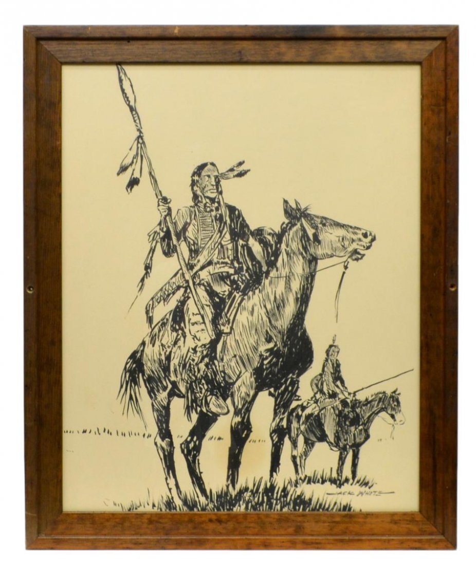 (3) JACK WHITE, WESTERN MEN & HORSES, PRINTS: (lot of 3) Framed prints of figural and animal drawings, Western Men and Horses, signed at lower left, Jack White (Texas, b. 1933), holes to frame sidings for hanging, largest approx sight: 21.75"h, 3