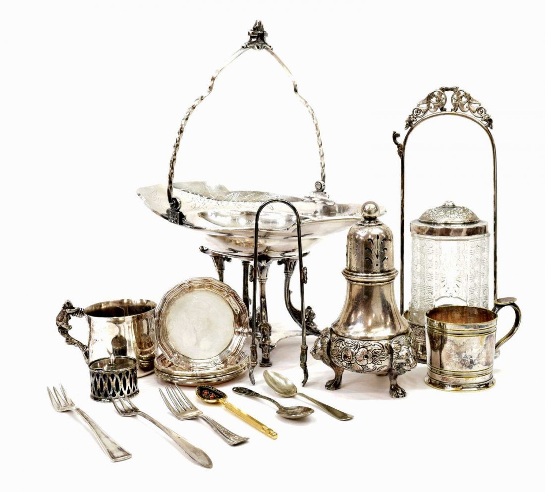 COLLECTION OF SILVERPLATE TABLE & SERVICEWARE: (lot) Collection of antique to vintage silver plate table and serviceware, highlights include (1) Taunton Silver Plate Company handled tray having incised leaves, lion and winged figural busts, rise o