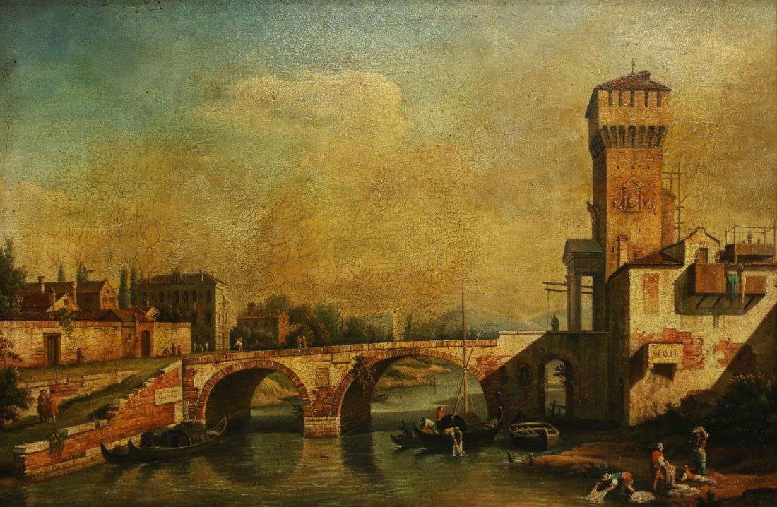 FRAMED OIL PAINTING CONTINENTAL RIVER SCENE 20TH C (1 of 7)