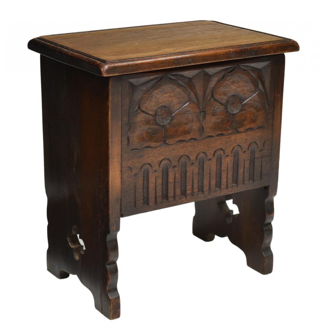 ENGLISH CARVED OAK STORAGE STOOL, C. 1960 (1 of 3)