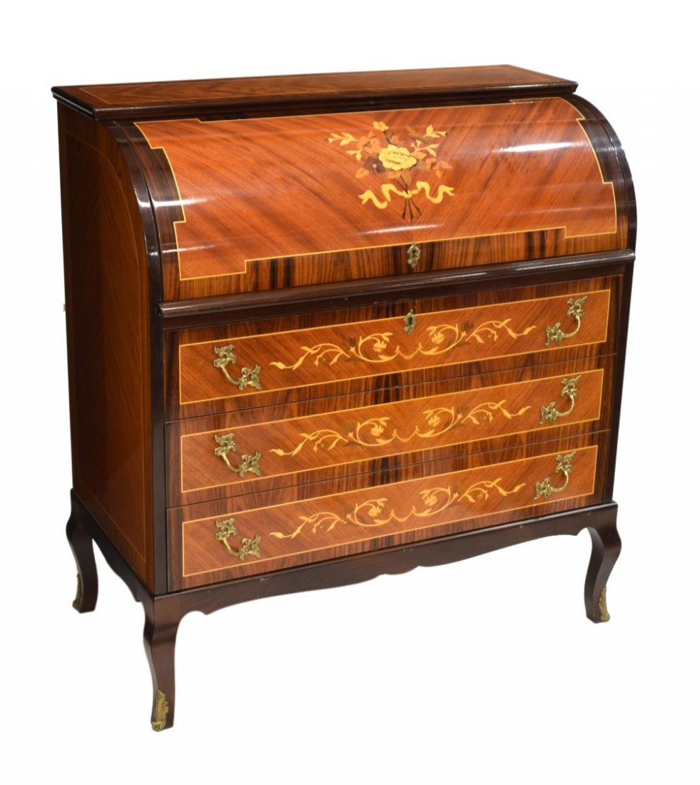 ITALIAN INLAID MARQUETRY ROLL TOP BUREAU (1 of 3)