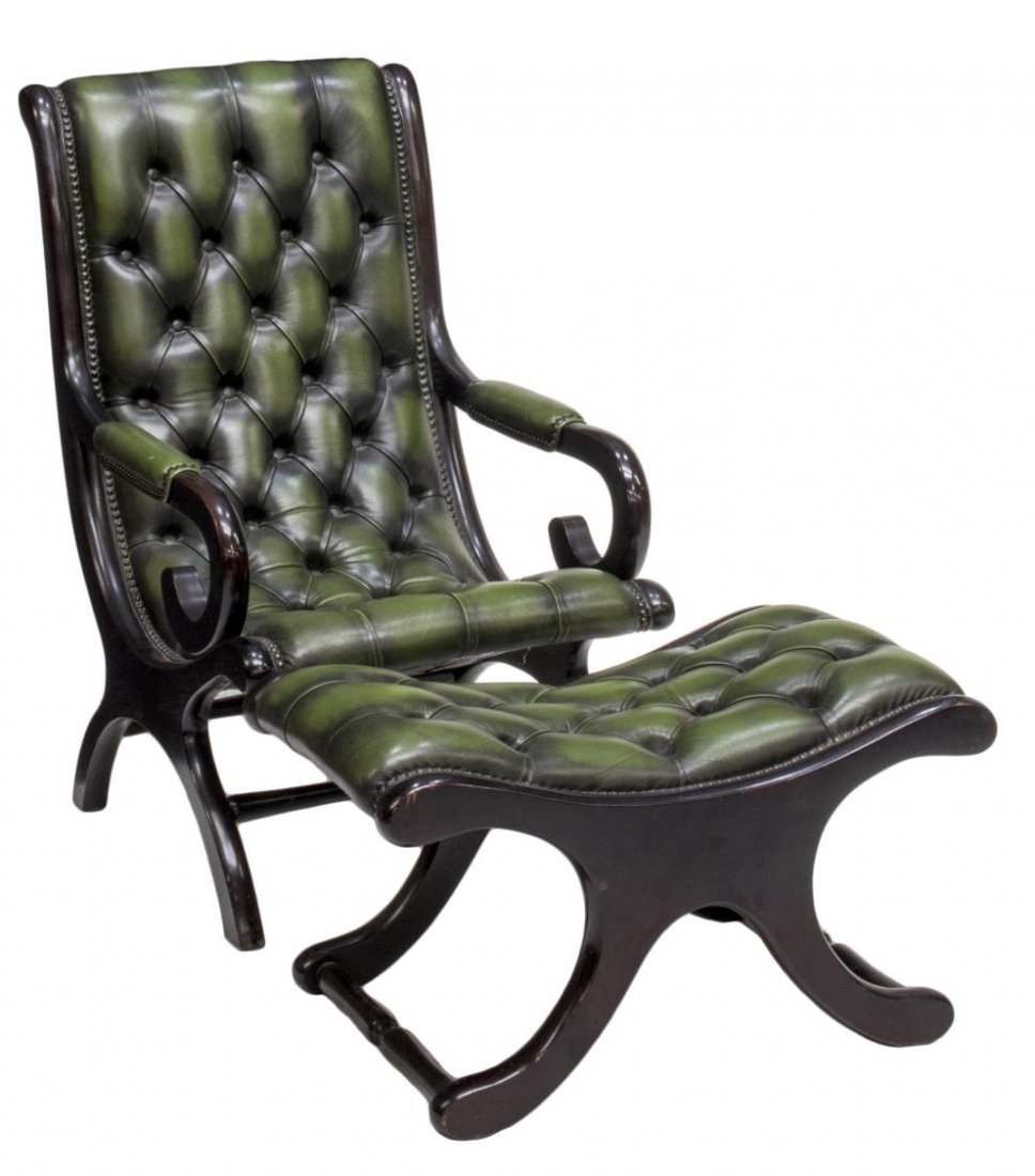 (2) ENGLISH GREEN LEATHER CAMPECHE CHAIR & OTTOMAN (1 of 5)