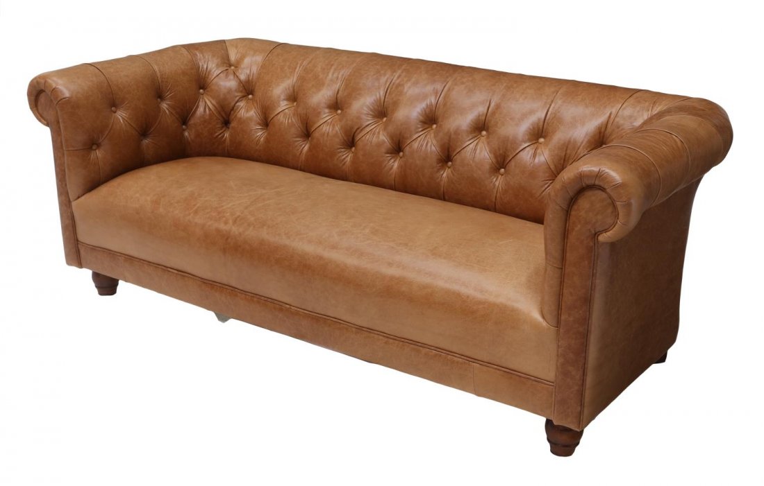 ENGLISH CHESTERFIELD TUFTED TAN LEATHER SOFA 1980 (1 of 3)