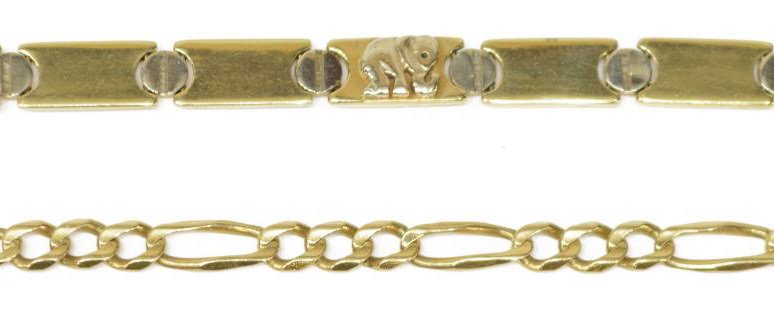 (2) ESTATE 14KT YELLOW GOLD LINK BRACELETS: (lot of 2) Estate 14kt yellow gold link bracelets, comprising: (1) flat link bracelet accented with elephants, marked Italy, 7.25"l; (1) open link bracelet, marked on clasp, 9"l; 16.8 grams (inclusive