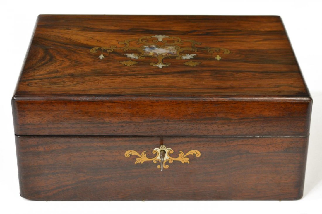 VICTORIAN ROSEWOOD INLAID & FITTED WORK BOX (1 of 5)