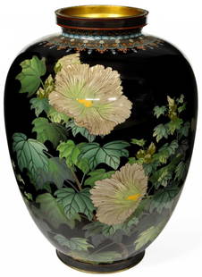 IMPRESSIVE JAPANESE CLOISONNE FLORAL VASE, MEIJI: An impressively detailed Japanese cloisonne vase with silver wire, possibly Meiji period, the standing rim accented by foliate bands, over the tapered body, finely decorated with white flowers and lea