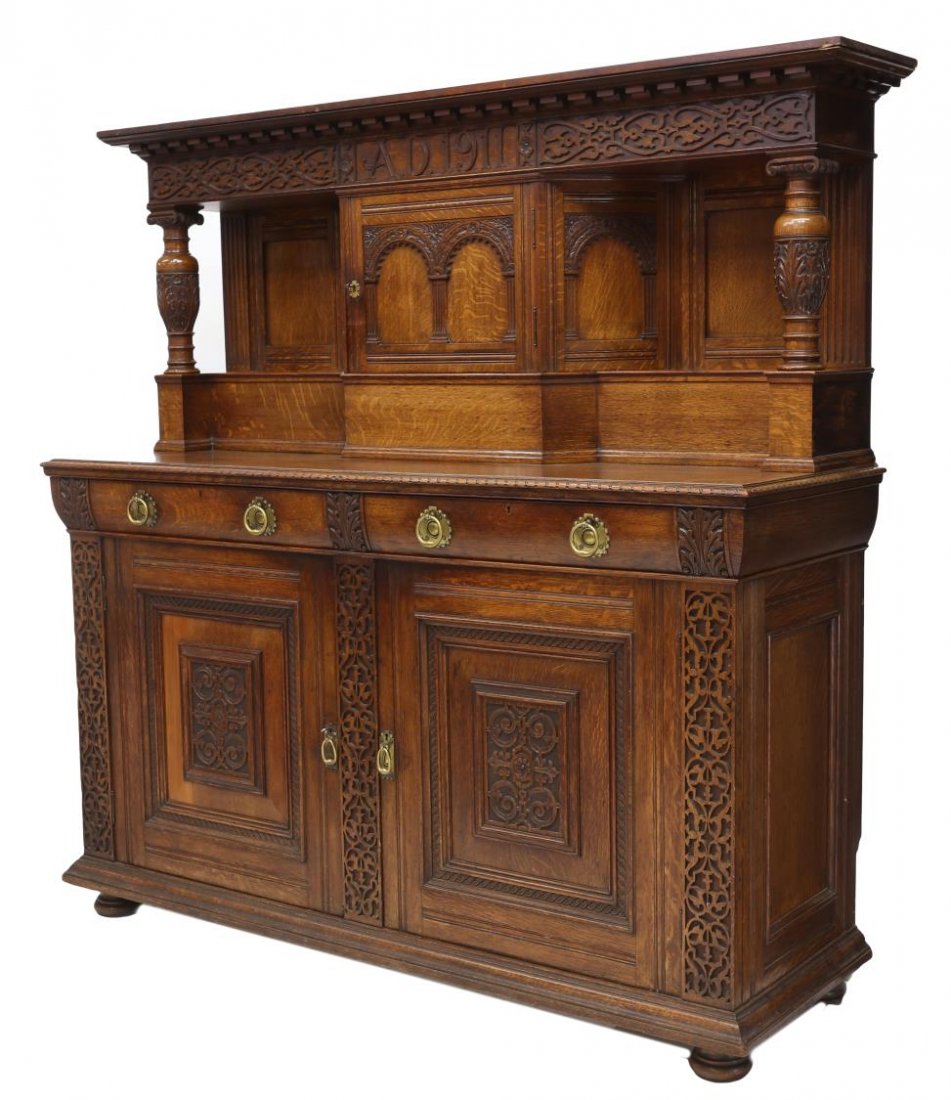 UNUSUAL ENGLISH OAK COURT CUPBOARD DATED 1911 (1 of 4)