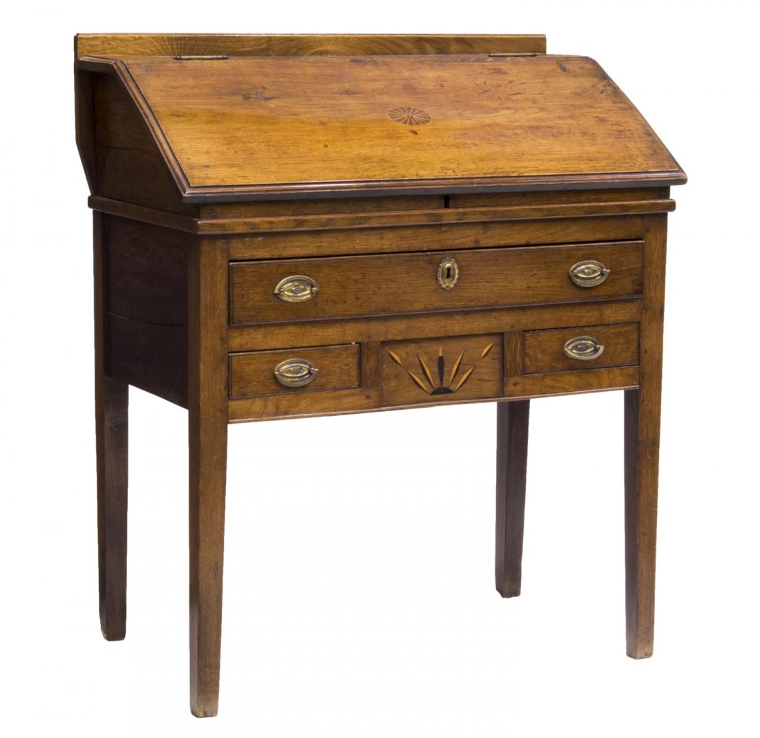 ENGLIGH INLAID OAK CUSTOM LIFT TOP DESK, 19TH C (1 of 5)