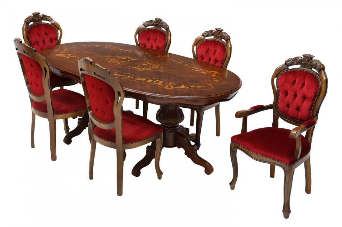 (7) CARVED DOUBLE PEDESTAL TABLE & DINING CHAIRS (1 of 5)