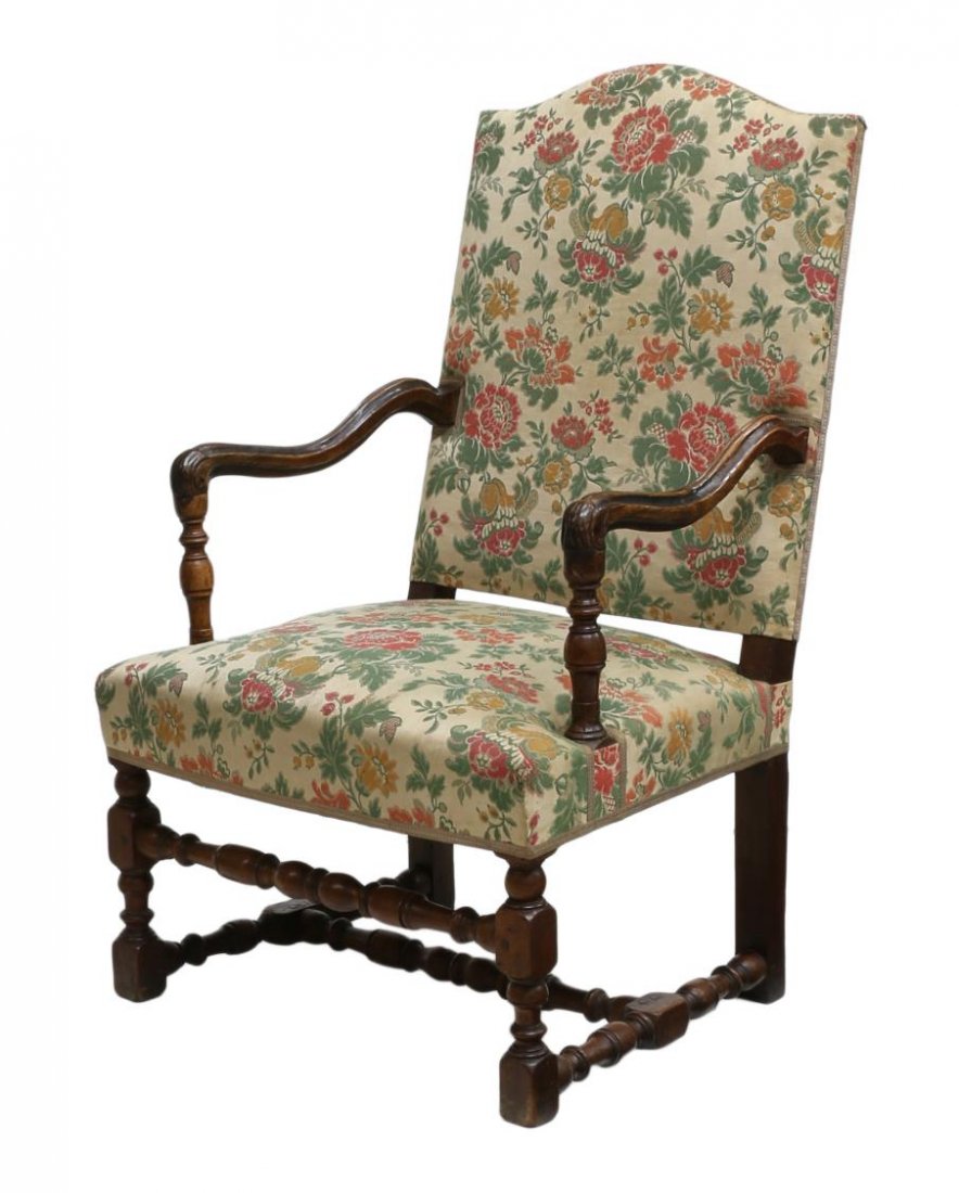 ANTIQUE FRENCH UPHOLSTERED HIGHBACK ARMCHAIR (1 of 3)
