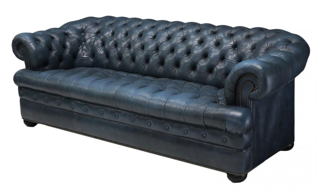 ENGLISH BLUE BUTTONED LEATHER CHESTERFIELD SOFA (1 of 3)
