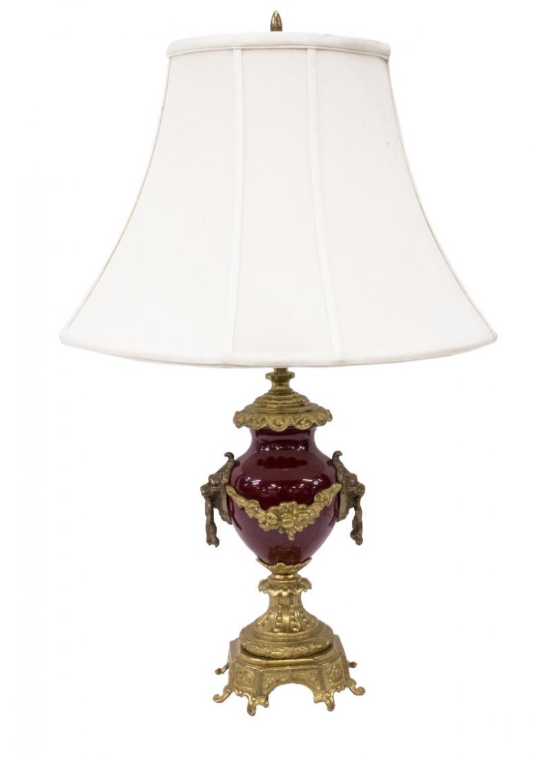 ITALIAN GILT BRASS & PORCELAIN TABLE LAMP W/SHADE (1 of 4)