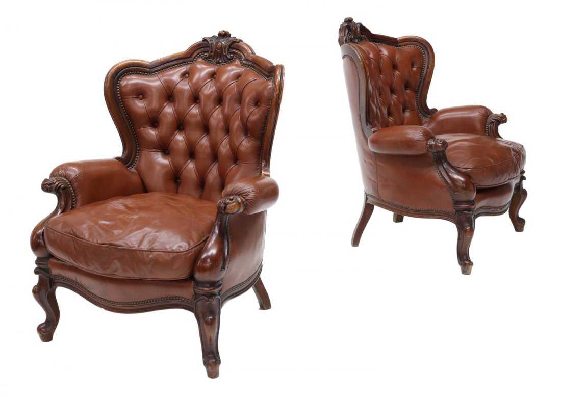 (PAIR) ITALIAN BUTTONED LEATHER CLUB CHAIRS (1 of 3)