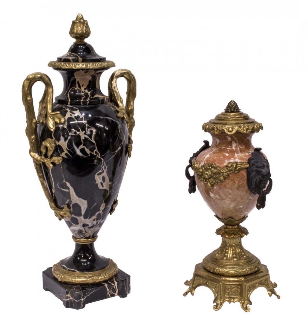 (2) GILT BRASS AND VARIEGATED MARBLE URNS (1 of 6)