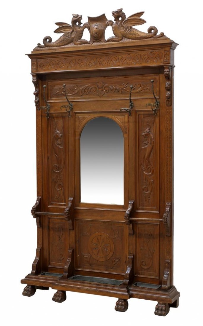 RENAISSANCE REVIVAL CARVED WALNUT HALL TREE (1 of 3)