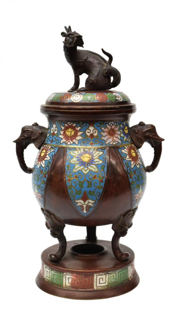 CHINESE FIGURAL CLOISONNE PATINATED BRASS SENSOR (1 of 5)