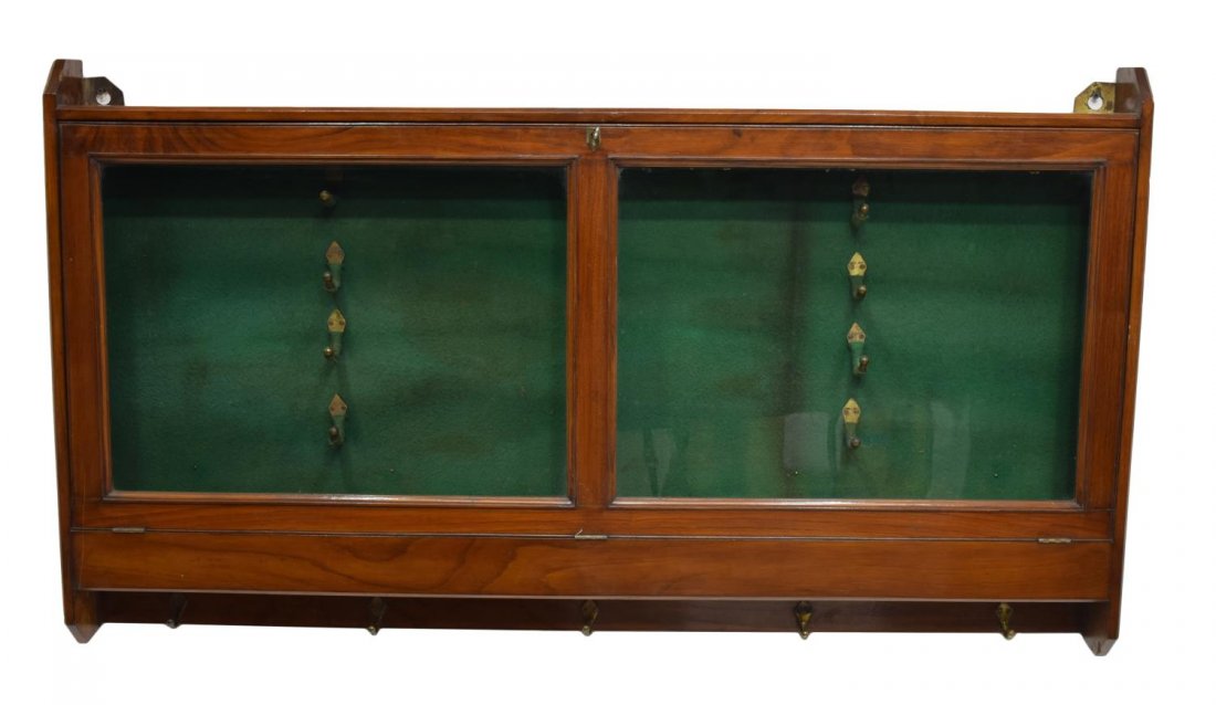 VICTORIAN MAHOGANY WALL GUN DISPLAY CABINET: Late Victorian mahogany wall display cabinet, likely a gun cabinet, a fall front double glass pane door opens to the green felt interior with support hooks, 28.5"h, 50.25"w, 4"d Start Price: $100.00