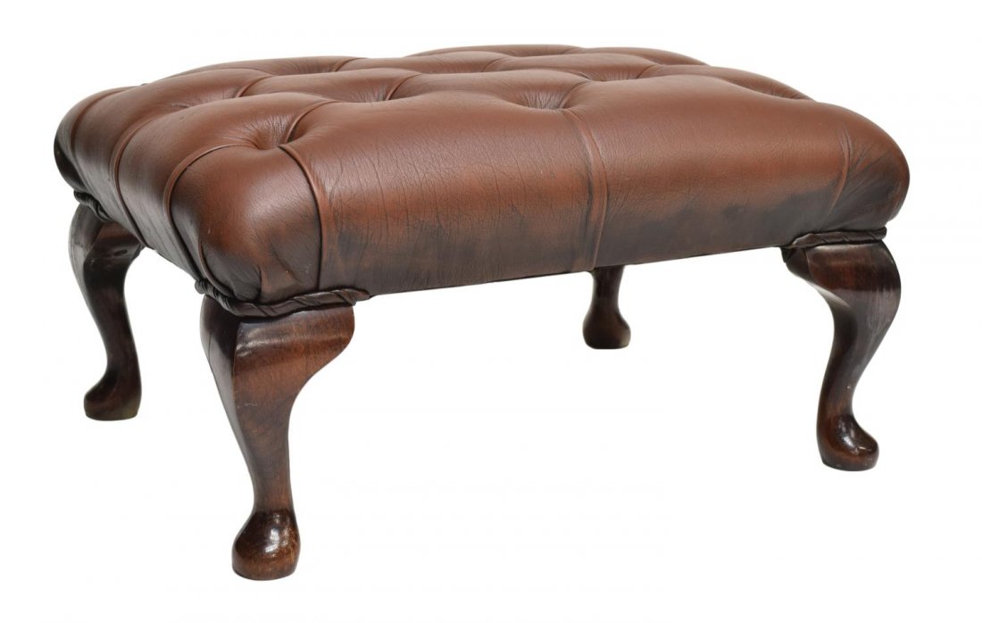 ENGLISH QUEEN ANNE STYLE TUFTED LEATHER FOOTSTOOL (1 of 2)
