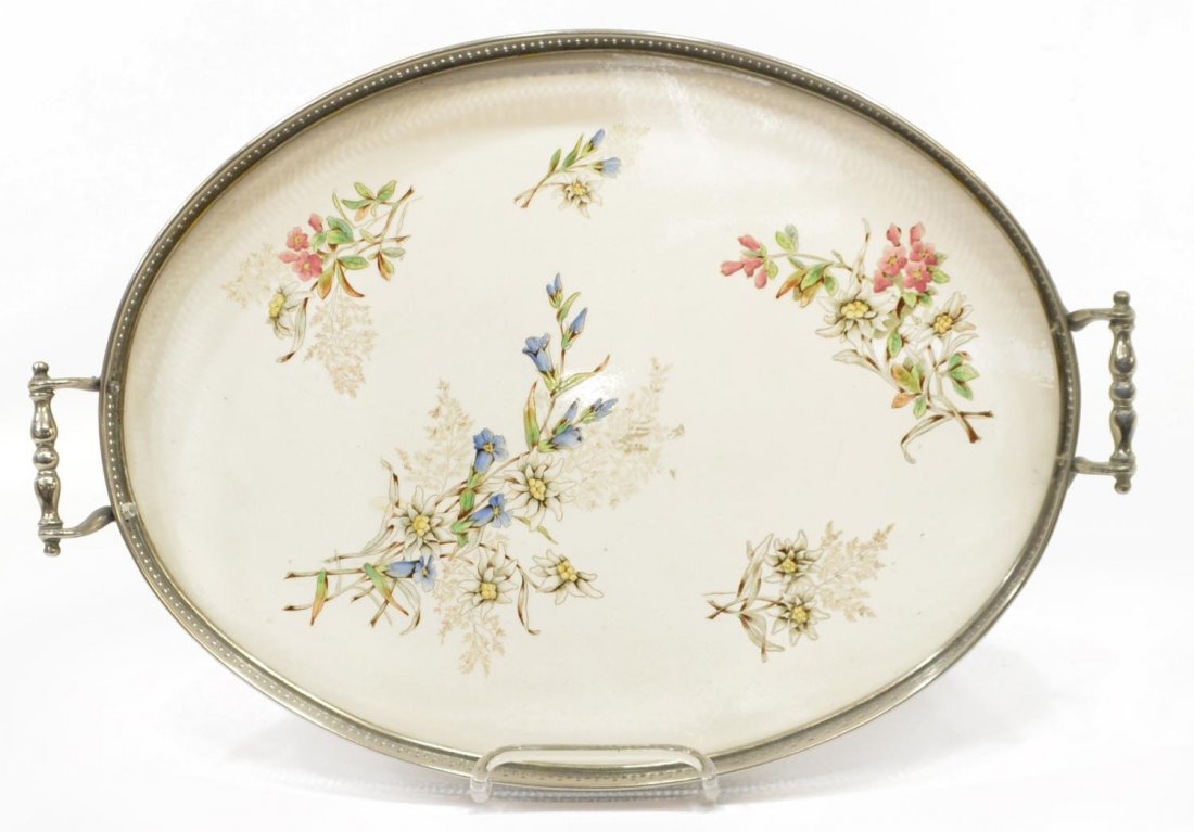 ANTIQUE ENGLISH SILVERPLATE & PORCELAIN TRAY (1 of 5)