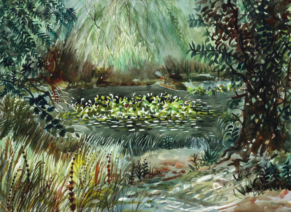 MICHAEL FRARY (TEXAS 1918-2005) MATTED WATERCOLOR: Unframed matted watercolor on paper, "Near Guadalupe", signed lower right Frary (Michael Frary, California/Texas 1918-2005), titled verso, sight: 21.25"h, 29.25"w, overall: 28"h, 36"w, 2lbs Start Pric