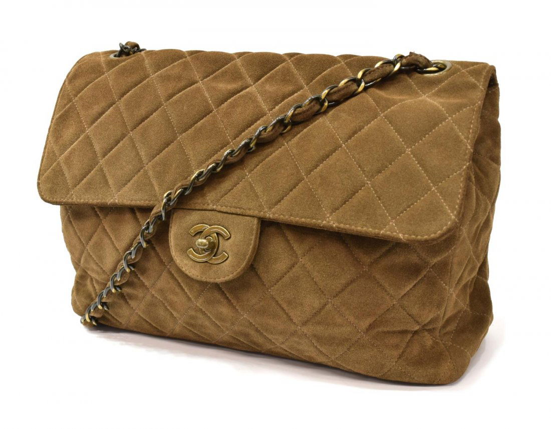 CHANEL 'JUMBO SINGLE FLAP' BROWN SUEDE QUILTED BAG (1 of 7)