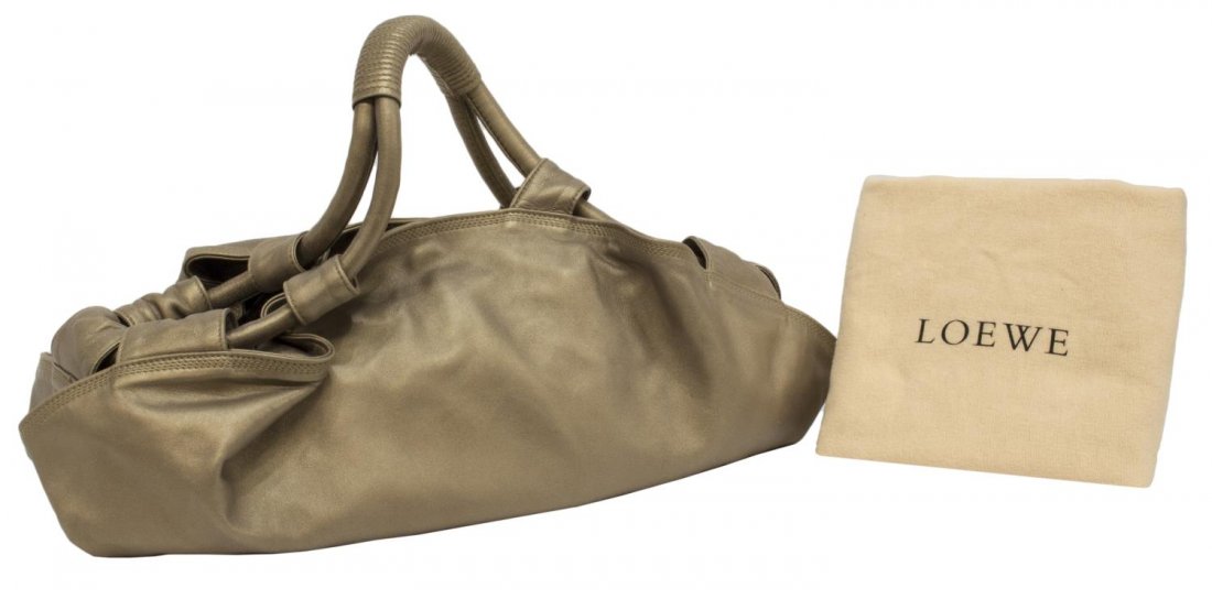 LOEWE 'LEVANTE' SMOOTH LEATHER GOLD TONE HANDBAG: Loewe 'Levante' smooth leather gold tone handbag, leather handles and trim, gold tone hardware, handles bound together, magnetic snap button opening to a zippered secondary closing, brown monogram fab