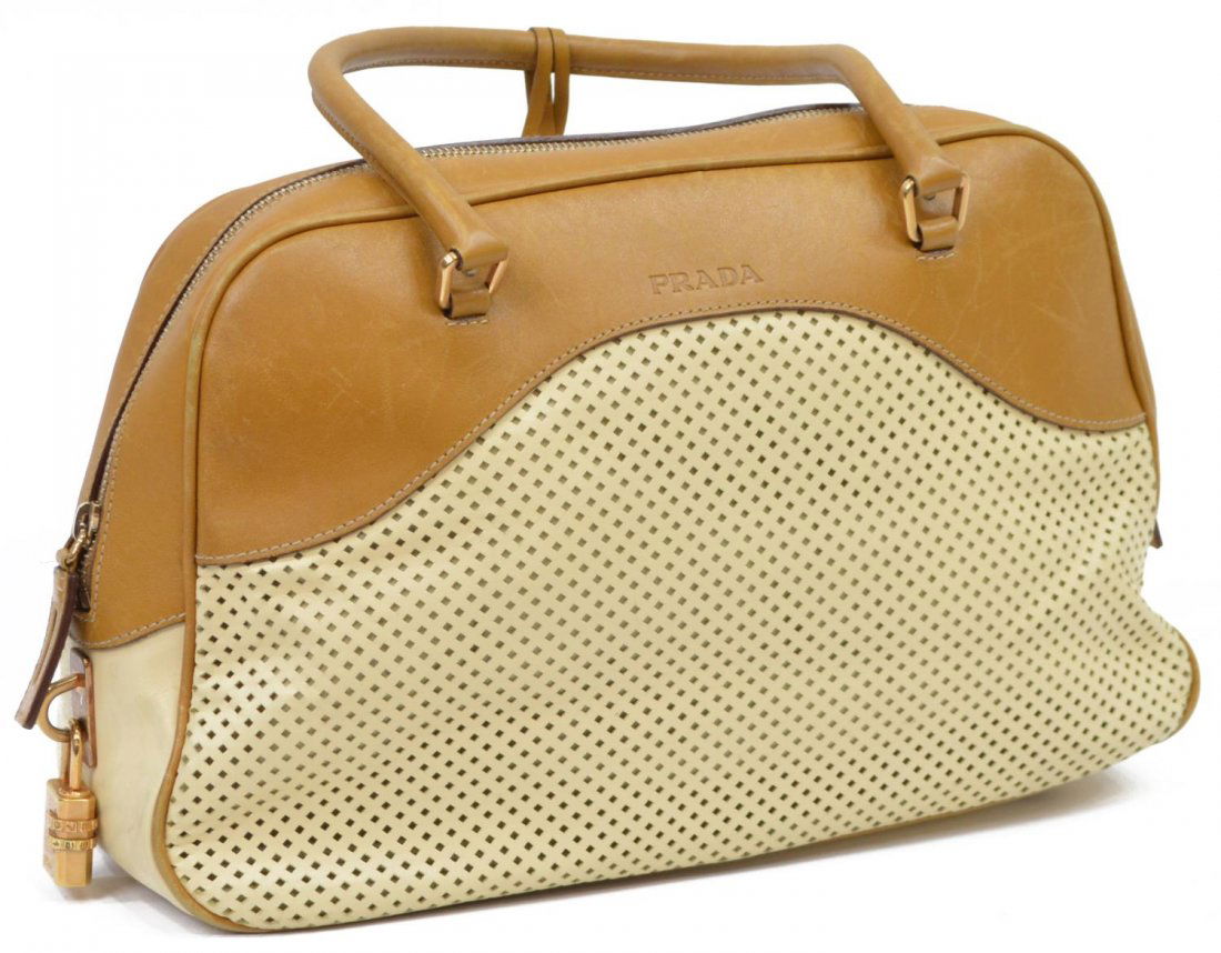 PRADA PERFORATED LEATHER DOUBLE HANDLED BAG (1 of 6)